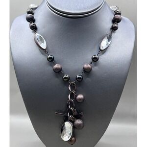 VCLM Long Beaded Necklace Faceted Glass Stones Cross‎ Dangle Antiqued Copper